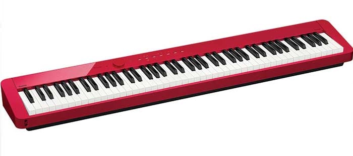 O piano digital Casio Privia PX-S1000 em vermelho brilhante